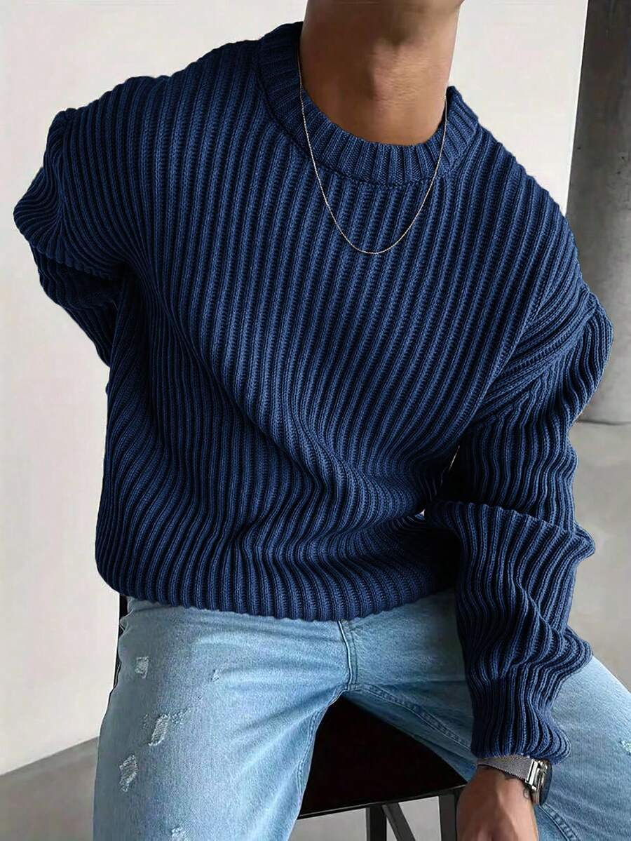 男士复古硬币图案针织毛衣，宽松圆领纹理套头衫，秋冬款 - 藍色 - 查看 1