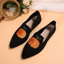 Women's Flat Slip-On Shoes, Pointed Toe Comfortable Spring/Autumn Shoes, Pumpkin Pattern Versatile Casual Loafers