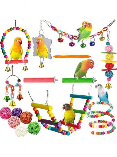 Random Color Chewing Rattan Ball & Wooden Block Parrot Toys, Pet Supplies