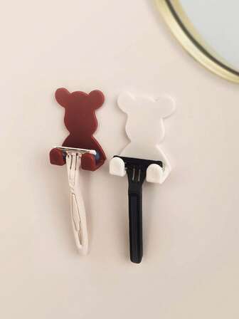 Happy Little Bear Home Use Plastic Wall-Mounted No Drill Strong Adhesive Hooks Storage Rack For Razor, Cute Bear Design Sticky Wall Hook - No Drilling Required, Fashionable Cartoon Bear Shape, Suitable For Dormitory, Coats, Keys, Etc. - Black Plastic Double Hook, Applicable For Behind Doors Or Wall Hanging, Keychain