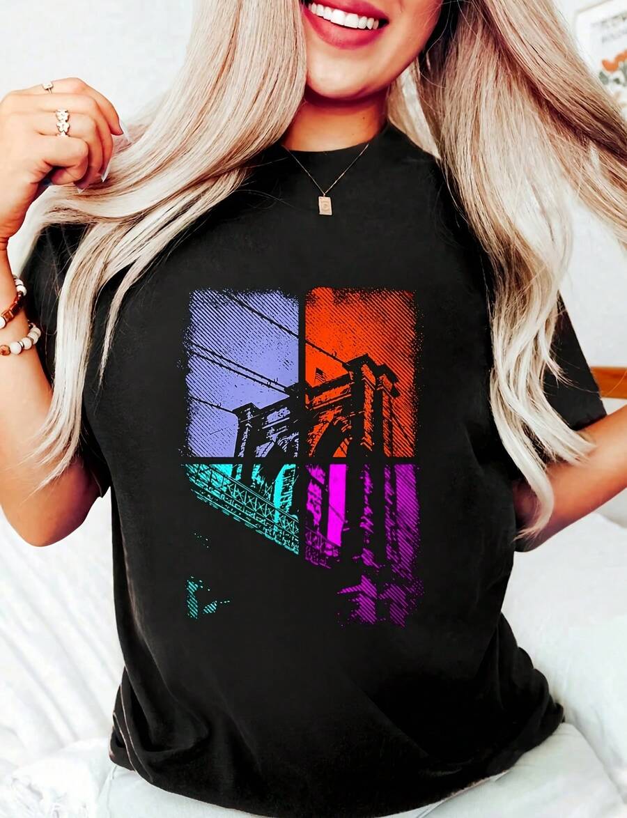 Camiseta de algodón 100% negra divertida para mujer, con gráfico retro del puente de Brooklyn NYC vintage, cuello redondo, manga corta, top casual de alta calidad de 220g de algodón puro con impresión minimalista, para disfraces de Halloween - Negro - Ver 1