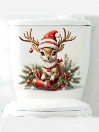 1pc Adorable Christmas Reindeer Toilet Sticker Christmas Bow Toilet Seat Cover Sticker With Santa Hat Gifts And Holly Accents Christmas Bathroom Decoration PVC Self-Adhesive Removable Wall Decals 11.61*11.61in/7.87*11.61in For Living Room Bedroom Dining Room Study Entrance Create A Christmas Holiday Atmosphere Make Hoom Decoration More Interesting
