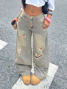 Casual Vintage Distressed Loose Straight Leg Jeans - 懷舊 - 查看 5