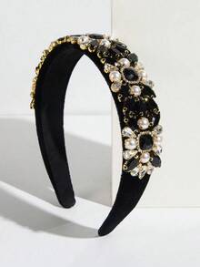 Royal 1pc Women's Glamorous Jewel Decorated Wide Headband With Faux Pearl Embellishment For Catwalk Tiaras,Hairband,Hair Hoop Headbands Hair Accessories Head Accessories - màu đen - Xem 10