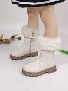 1 Pair Girls Autumn/Winter Warm Thermal Lined Waterproof PU Imitation Leather Comfortable Versatile Soft Bottom Lightweight Indoor/Outdoor Casual Boots, Children - White - View 8