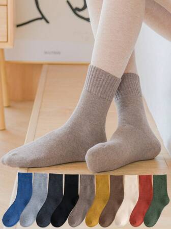 1双/2双/5双/10双女士加厚毛圈中筒袜秋冬中筒袜保暖防寒加厚毛巾袜黑色、酒红色、杏色，多色可选，适合所有场合