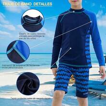 WEIMEY 3PCS Trajes de Baño para Niños Manga Larga+Shorts+Gorro Natación Secado Rápido Respirable Playa Natación 5 a 12 Años - auzl raya - Ver 12