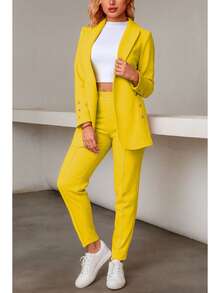 Elegante conjunto de traje azul de manga larga para mujer con cuello chal pantalones largos y detalles de botones - Amarillo - Ver 2