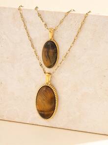 1pc/2pcs Stainless Steel Vintage Golden Color Pendant Necklace With Embedded Tiger Eye, Suitable For Women's Daily Wear Or Gift - Yellow Gold - View 1