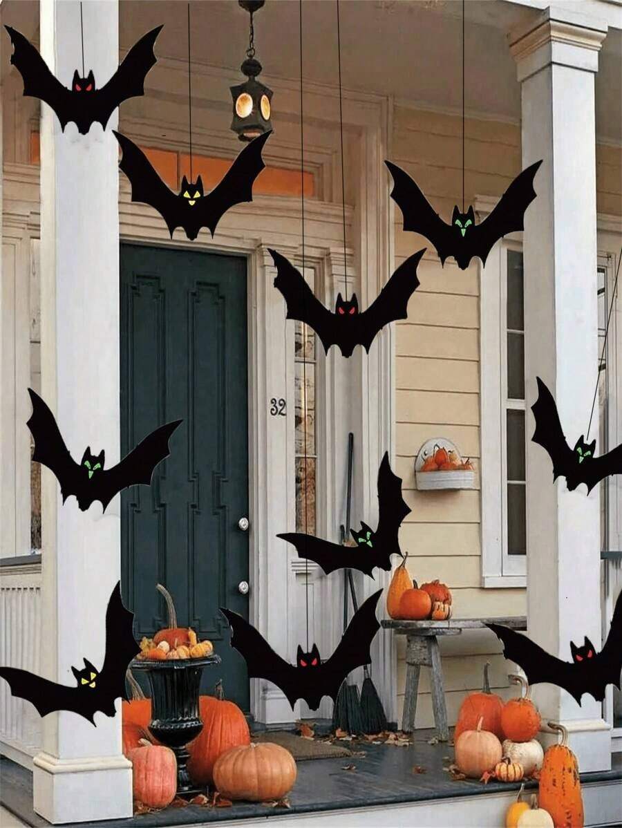 Halloween Decor18pcs/ Halloween Hanging Bats Decorations Outdoor For Outside Tree Yard Porch Party Decor ,Halloween Autumn Bat Charm Red Yellow And Green Multiple Styles Suitable For Outdoor Indoor Horror Atmosphere Decoration Halloween Autumn Festival Party Decoration Supplies Home Decor Halloween Decor Room Decor