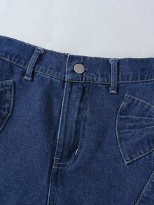 1 pezzo Jeans in denim lavaggio scuro con fiocco, stile casual retrò semplice e confortevole, nuovo per autunno/inverno, per ragazze