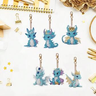 6pcs/Set Blue Dragon Diamond Art Keychain, 5D DIY Craft Kit For Beginners, Acrylic Rhinestone Pendant For Bags And Accessories, Perfect Gift Idea, Round Diamond Painting Kit