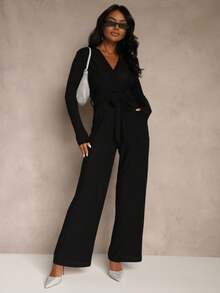 Women Solid Viscose Wrap Jumpsuit With Belt - Black - View 2