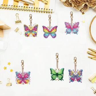 6pcs Colorful Butterfly Diamond Art Keychain, 5D DIY Craft Kit For Beginners, Acrylic Rhinestone Pendant For Bags And Accessories, Perfect Gift Idea, Round Diamond Painting Kit