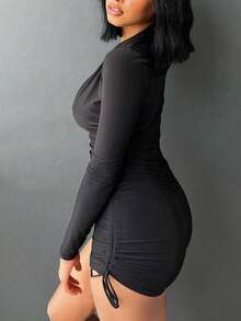 Bộ đồ liền thân bó sát tay loe buộc dây cổ chữ V gợi cảm, thời trang thu đông mới, đồ liền thân cho nữ, quần áo mùa thu cho nữ - màu đen - Xem 3