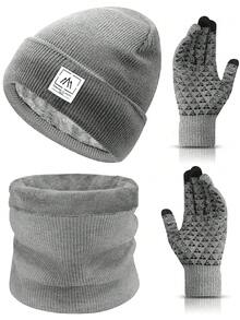 三件套针织帽、围巾和触屏手套，保暖内衬，冬季保暖配件