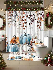 1 pièce/4 pièces Ensemble de rideaux de douche avec citrouilles et feuilles mortes, rideau de douche à motifs multicolores, décoration de salle de bain moderne et personnalisée, ensemble de rideaux de douche imperméables avec 12 crochets, tapis de bain antidérapant en forme de U, couvre-siège de toilette, accessoires de salle de bain, décoration de Noël