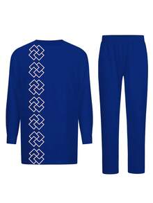 Men's Casual Long-Sleeved Two-Piece Suit, Mid-Length Top And Trousers - Màu xanh lam - Xem 2