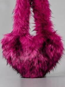 2 件蓬松冬季女士手提包，心形仿浣熊毛单肩包，可爱心形手提包