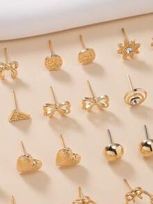 60件套时尚金属蝴蝶、爱心、水钻、月亮、蝴蝶结、花朵耳钉套装，珠宝礼品，适合女性日常佩戴 - 金黃色 - 查看 4