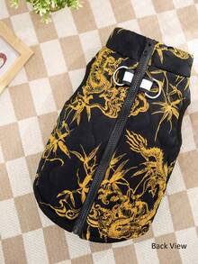1pc Black Background Golden Dragon Totem Print Gourd Quilted Cotton Dog Coat With Back Zipper, Washable Pet Jacket Suitable For Large, Medium And Small Dogs, For Indoor Or Outdoor Wear