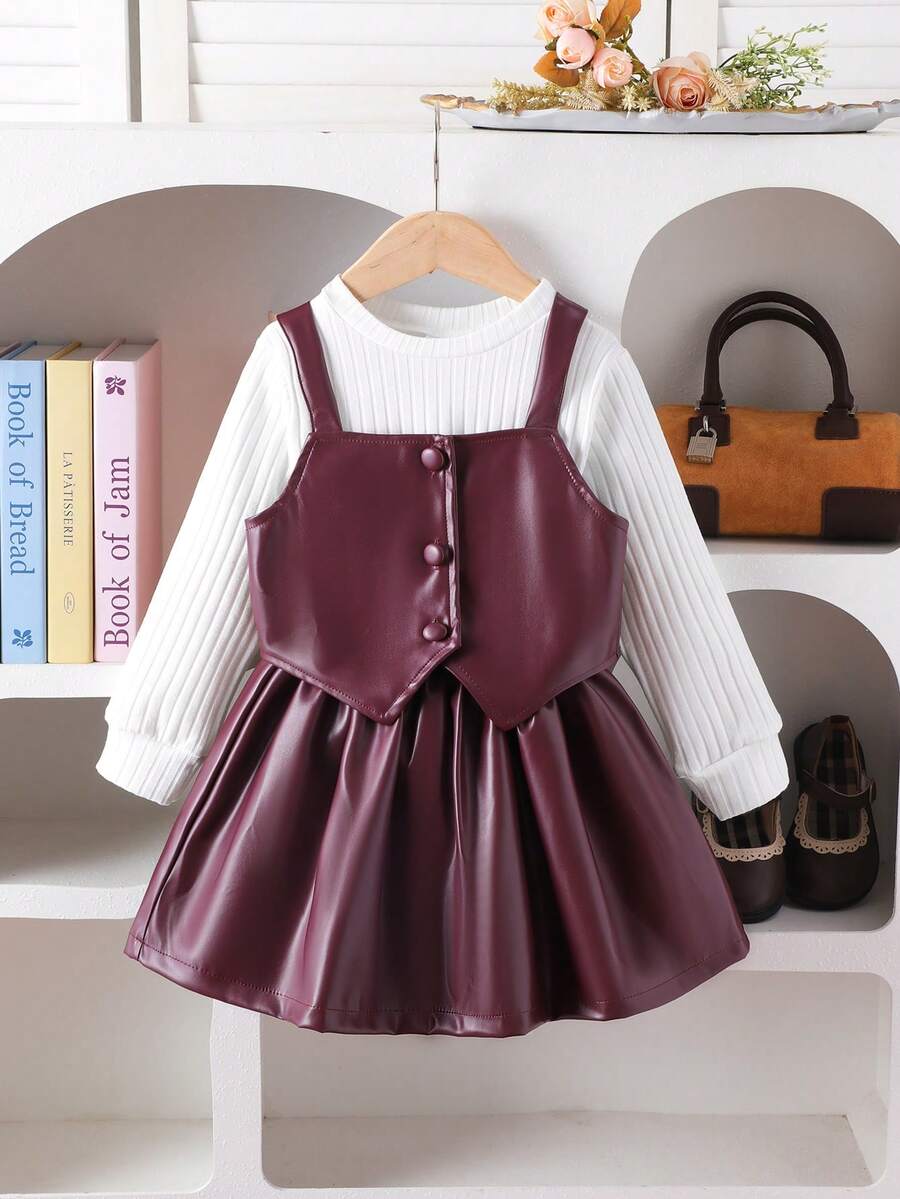 3 件套幼儿女童休闲开衫背心长袖上衣和裙子套装，春秋季 - 白色 - 查看 1