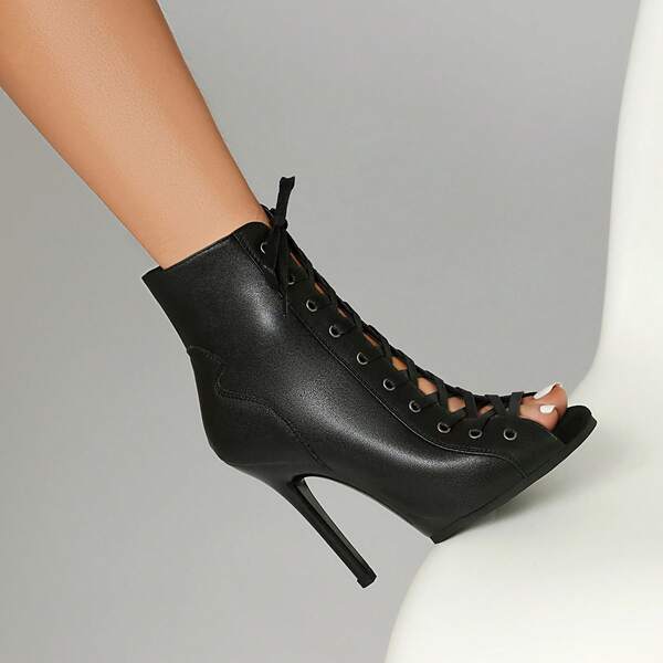 Damskie buty do tańca na obcasie 11,5 cm, botki do tańca jazzowego, ze sztucznej skóry, zapinane na zamek z boku, sznurowane, z odkrytym palcem, wygodne na imprezę, do tańca, na siłownię, na każdą porę roku