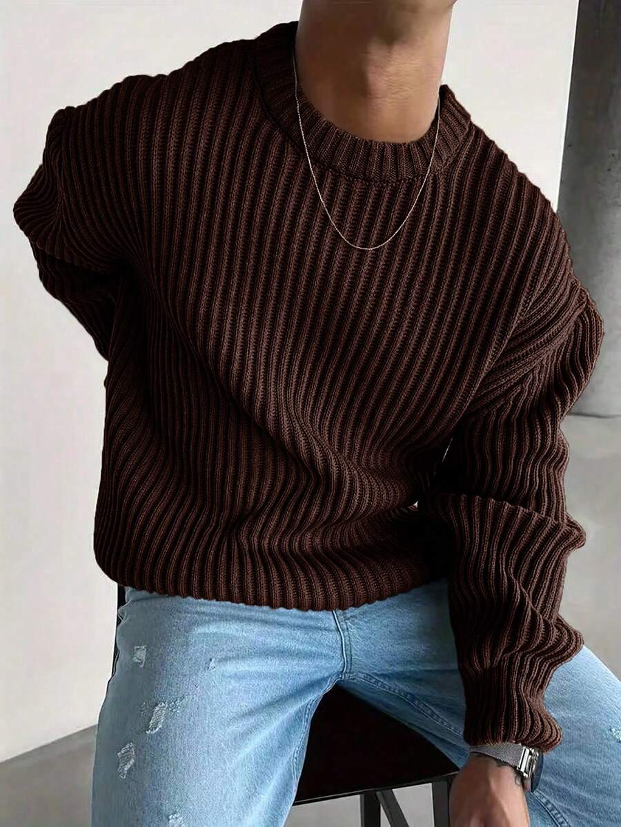 男士复古硬币图案针织毛衣，宽松圆领纹理套头衫，秋冬款 - 棕色 - 查看 1