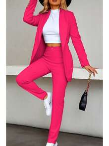 Elegante conjunto de traje azul de manga larga para mujer con cuello chal pantalones largos y detalles de botones - Rosa Fucsia - Ver 1