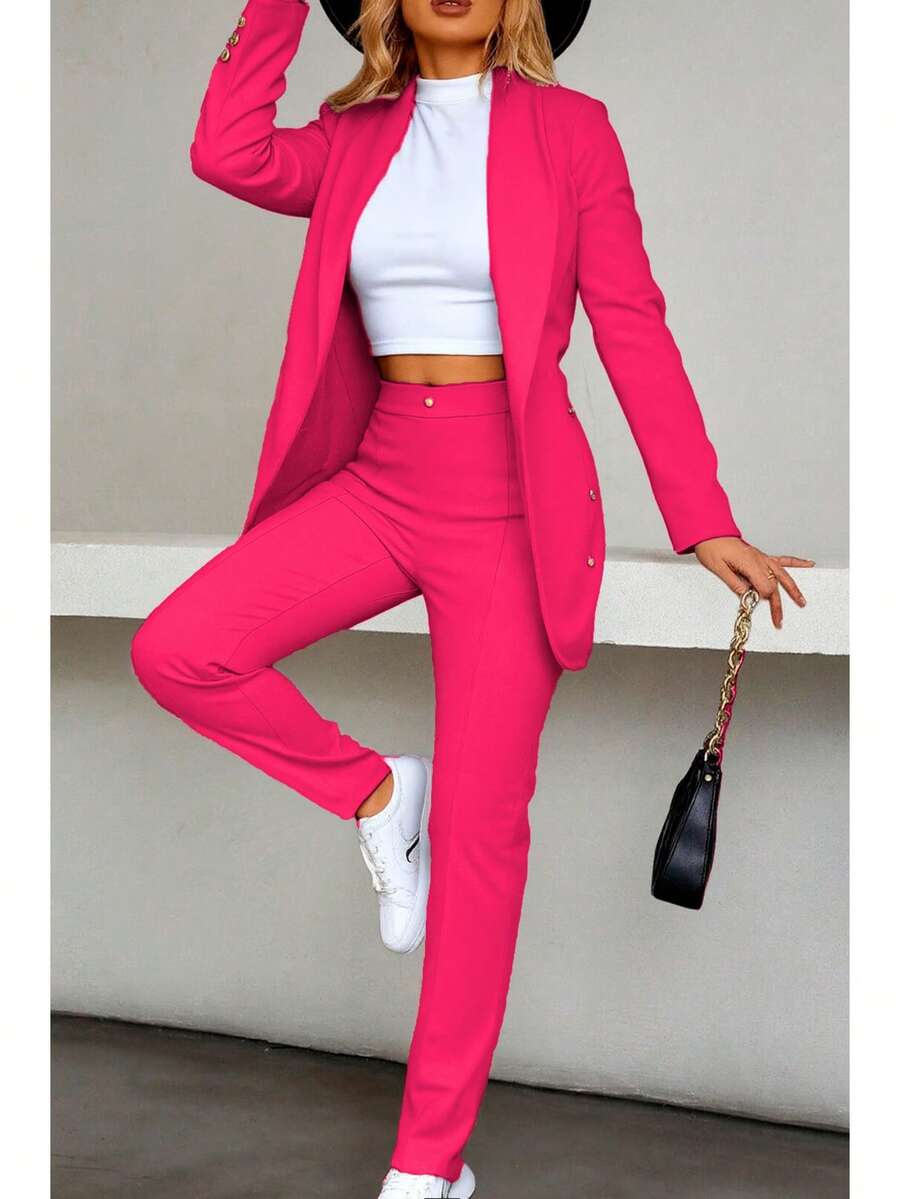 Elegante conjunto de traje azul de manga larga para mujer con cuello chal pantalones largos y detalles de botones - Rosa Fucsia - Ver 1