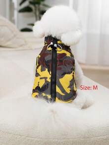 1pc Brown & Yellow Diagonal Geometric Camouflage Print Quilted Cotton Dog Coat With Back Zipper, Washable Pet Jacket Suitable For Large, Medium And Small Dogs, For Indoor Or Outdoor Wear