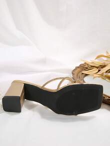 水钻厚高跟拖鞋，法式水钻闪亮凉鞋，新款女鞋，派对鞋，夏季户外装，搭配连衣裙，百搭优雅 - 金色 - 查看 6