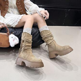 Women's Retro Style Folded Suede Boots, Western Bowknot Fuzzy Casual Shoes, Holiday Autumn/Winter