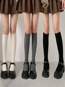 3 Pairs Solid Color Vertical Stripe Slimming Knee-High Socks, Black/White/Gray, Versatile For Spring And Autumn