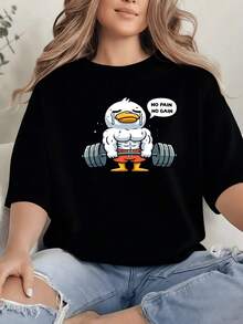 Weightlifting Duck Graphic Print T Shirt 220g Funny Gym Women's Casual 100% Cotton Tee 1pcs Relaxed Fit Sports Style - 黑色 - 查看 1