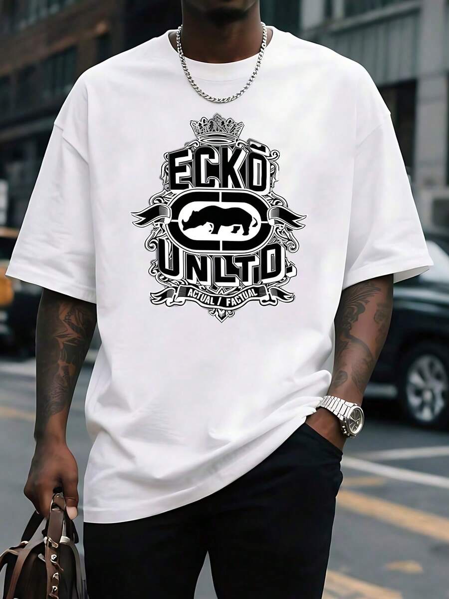 Camiseta gráfica de rinoceronte de estilo urbano para hombre, cómoda camiseta de cuello redondo con diseño de estampado único, perfecta para uso informal, disponible en varios tamaños, gran idea para regalo, material de mezcla de algodón suave. - Blanco - Ver 1