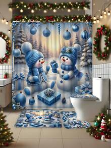 1/4 pièces Ensemble de rideaux de douche d'hiver de Noël, boules de Noël bonhomme de neige, cadeaux. Rideau de douche en polyester bleu mignon, imperméable et lavable pour la décoration de la salle de bain de Noël, avec 12 crochets. Tapis de bain en U et housse de siège de toilette non inclus
