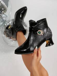 Fashionable British Style Mid-Heel Ankle Boots, Gem Decor Design, Pointed Toe Retro Mid-Heel Short Boots, Versatile Black Plaid Side Zipper Closure Chelsea Boots