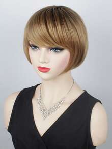 8 英寸短款时尚直发 BOB 假发 合成棕色染色深色发根假发 女士万圣节假发 - 彩色 - 查看 3