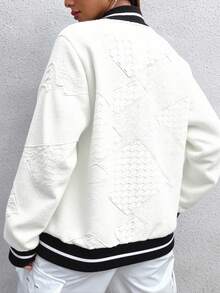 Chaqueta de manga larga con bloqueo de color en el cuello, los puños y el bajo para mujer - Blanco - Ver 3