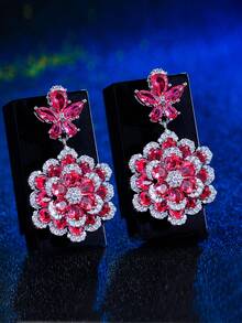 1 Pair Geometric Hot Pink Cubic Zirconia Flower Shaped Long Dangle Drop Earrings, Luxury Jewelry Gifts For Women, Wedding Party Pageant