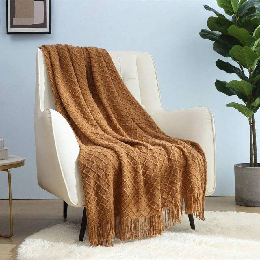 Manta de Estilo Rústico para Decoración de Sofá, Silla y Cama, Suave, Cálida, Acogedora y Ligera, para Viajar en Primavera y Verano (127 x 152, Color Café) - Rombos Beige - Ver 1
