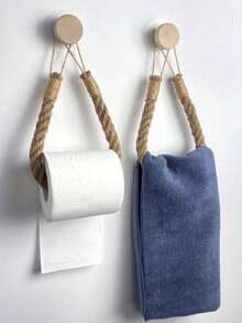 1/2pcs Wall Mounted Jute Rope Toilet Paper Holder, No Drilling Bathroom Jute Rope Tissue Roll Dispenser, Kitchen Wall Mounted Paper Towel Rack With Hooks, Suitable For Replacing Rolls - Modern Home Decor Bathroom Accessory
