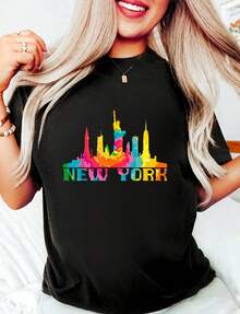 Camiseta de algodón 100% negra divertida con estampado de horizonte de la ciudad de Nueva York, NYC, teñido anudado, Liberty, "I Love New York" para mujer, cuello redondo, manga corta, parte superior casual de alta calidad de 220g con impresión minimalista, disfraz de Halloween para mujer - Negro - Ver 1