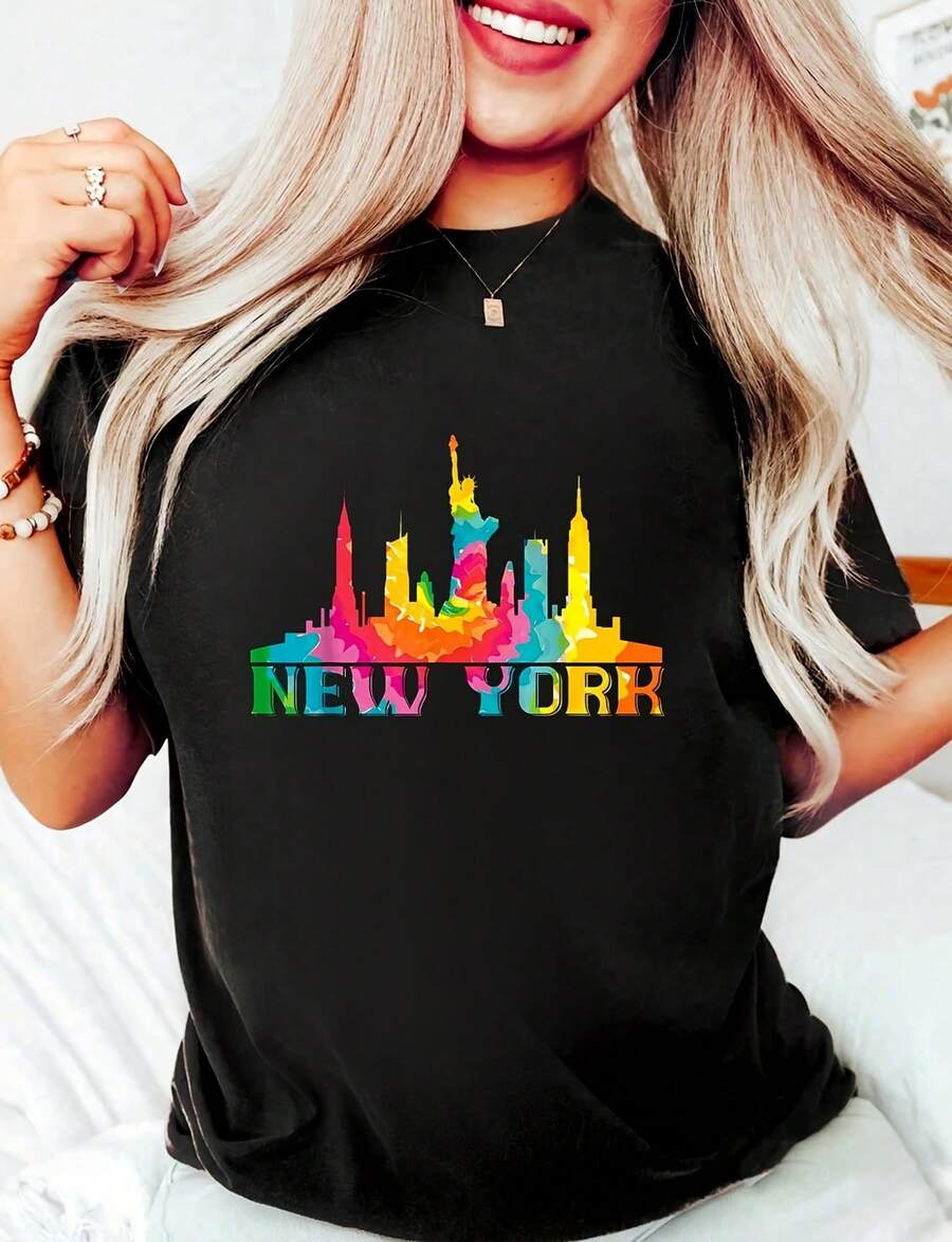 Camiseta de algodón 100% negra divertida con estampado de horizonte de la ciudad de Nueva York, NYC, teñido anudado, Liberty, "I Love New York" para mujer, cuello redondo, manga corta, parte superior casual de alta calidad de 220g con impresión minimalista, disfraz de Halloween para mujer - Negro - Ver 1