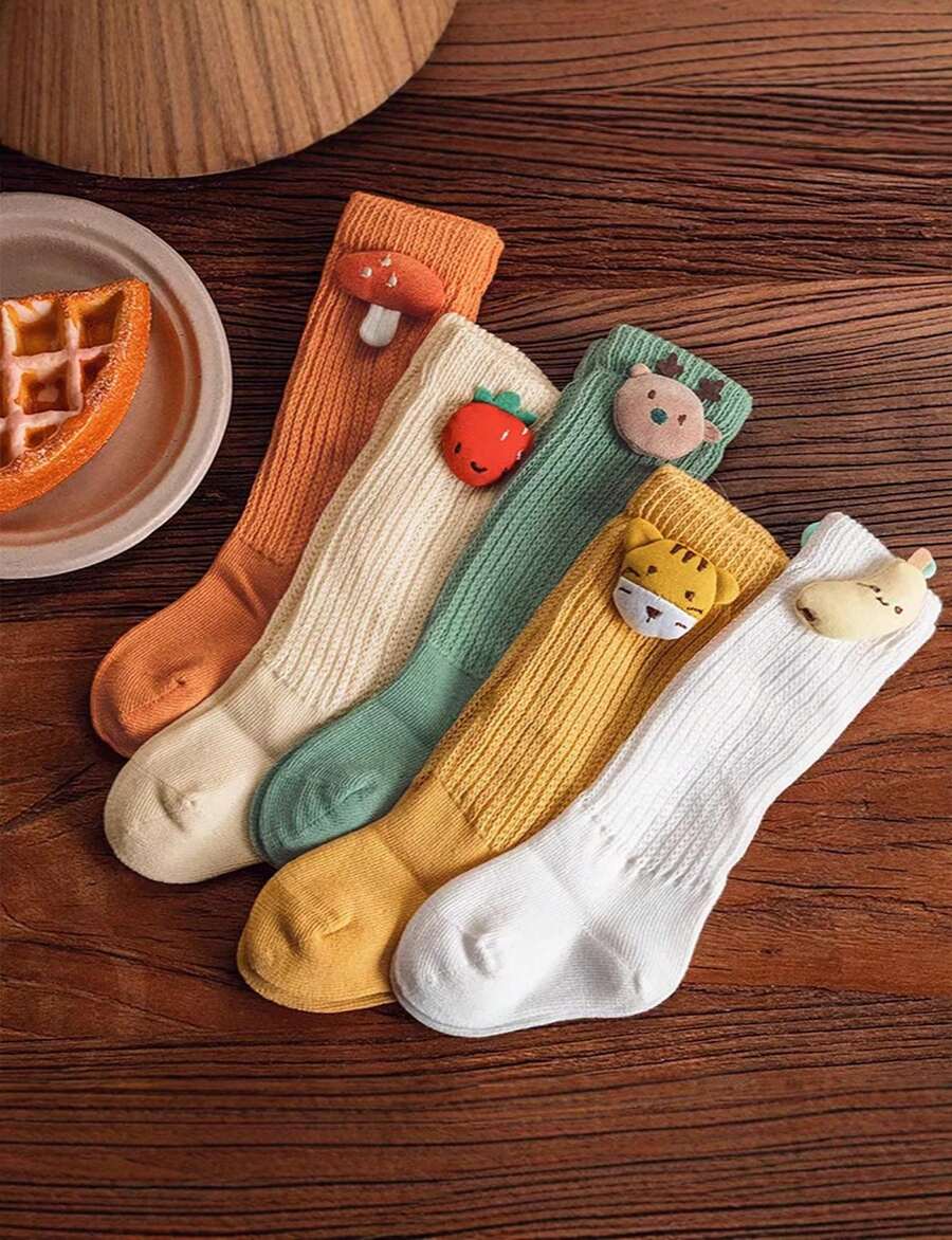 1 Piece Baby Cotton Socks, Medium Length, Cute With Cute Animal And Fruit Appliques, Upholstery - 亮橙色 - 查看 1