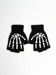 1 Pair Skeleton Fabric Half Finger Gloves, Unisex Halloween Decorative Gloves, Autumn/Winter Winter Warm - Black - View 7