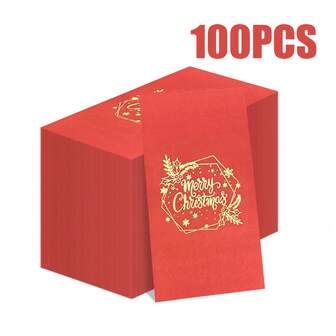 100/60/20 件 15.74 * 13 英寸一次性圣诞主题烫印餐巾，红色背景，金色圣诞快乐文字和雪花图案，适合节日聚会、圣诞派对、新年和冬季主题派对、西餐厅、咖啡馆等