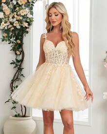 Homecoming Dresses For Teens Tulle Short Prom Dress Lace Applique Quinceanera Dresses - Rượu sâm banh - Xem 3