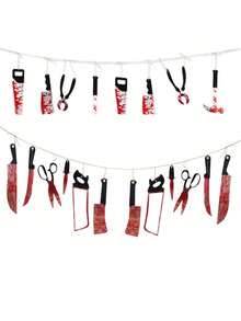 Decoración de Halloween: Cuchillo de PVC con sangre, sierra, accesorios de horror para hotel, KTV, casa embrujada, bar del terror - Incluye adorno de latte, bandera, guirnalda con sangre, decoración para fiesta de zombis y vampiros, suministros para Navidad